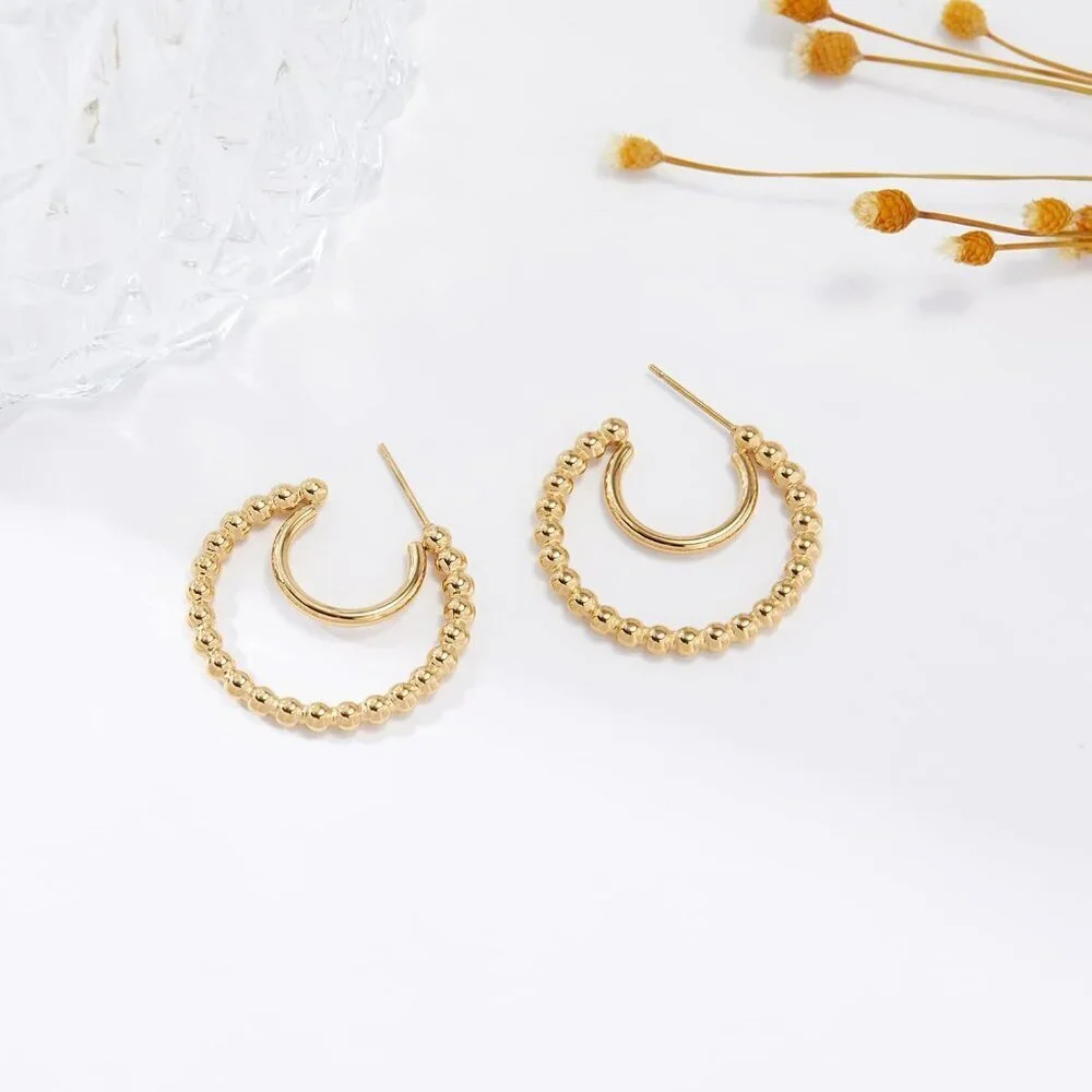 Gold Hoop Earrings for Women 14K Gold Beaded Hoop Earring Hypoallergenic Jewelry